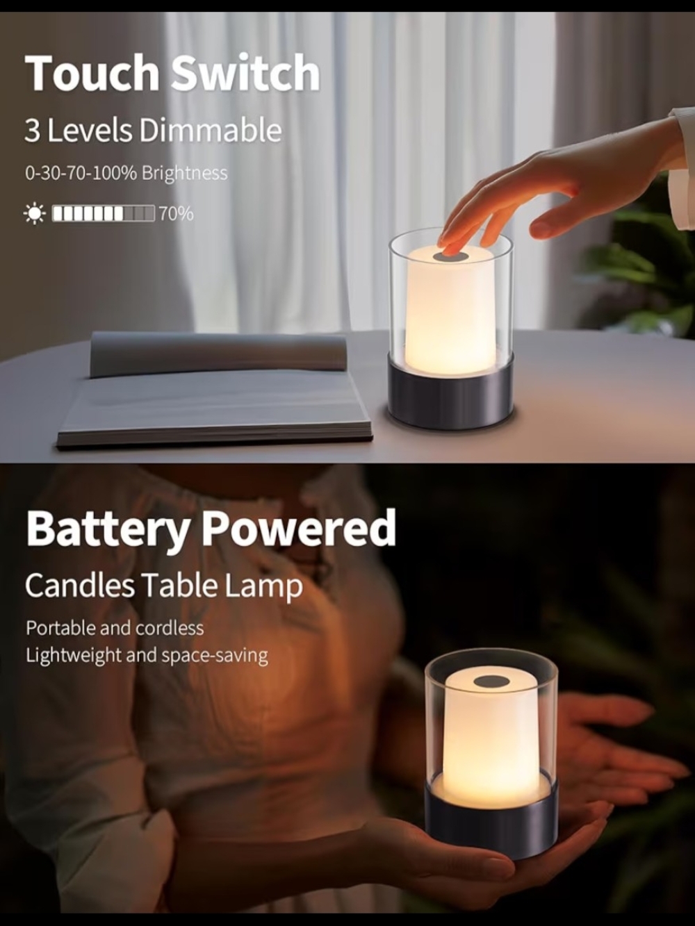 Cylinder LED Table Lamps - Set of 2, Soft And Warm, 3 Touch Levels, Rechargeable - Picture 3 of 6